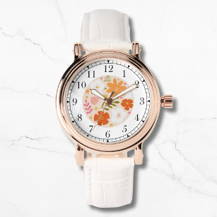 Reloj De Pulsera Moderna Naranja Floral Moda elegante de moda Mujer