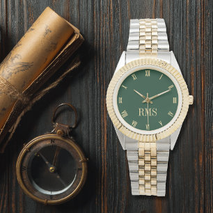 Reloj De Pulsera Moderno brazalete de tono dorado monogramado verde