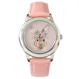 Reloj De Pulsera Moderno Bunny De Color Rosa Pastel Con Flores