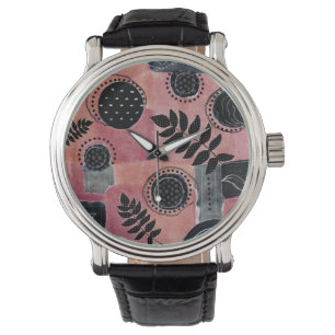 Reloj De Pulsera Moderno floral botánico abstracto rosa y negro