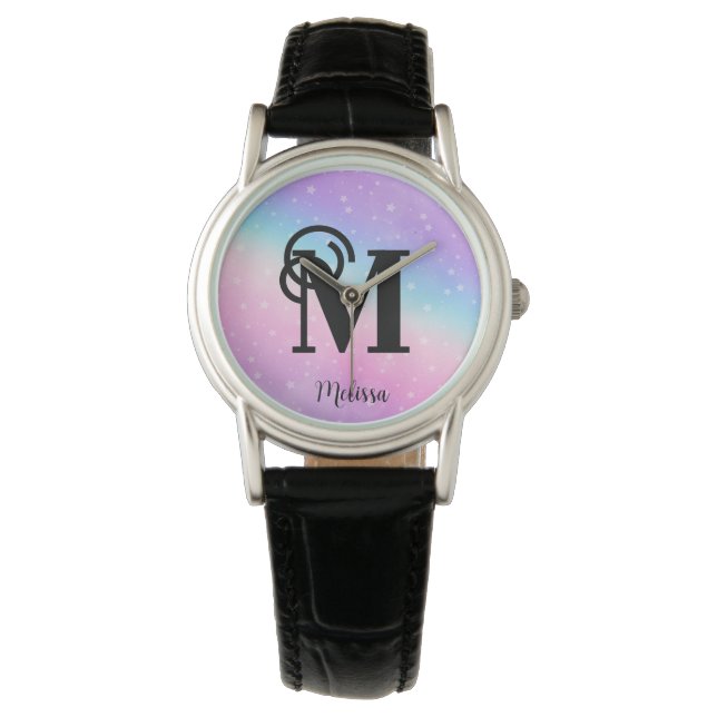 Reloj De Pulsera Moderno Pastel Rosa Morado Monograma Nombre (Anverso)