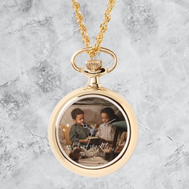 Reloj De Pulsera Moderno, te queremos, mamá. Foto (Modern We Love You Mom Photo Pocket Watch)