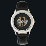 Reloj De Pulsera Moderno y elegante nombre de monograma Black Gold<br><div class="desc">El Modern Elegant Monogram Name Black Gold Script Watch es un sofisticado reloj que combina funcionalidad con lujo. Cuenta con una elegante cara de reloj negro adornada con un elegante nombre de monograma de escritura dorada, creando un estilo refinado y personalizado. Este reloj está diseñado para añadir un toque de...</div>