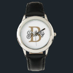 Reloj De Pulsera Moderno y elegante nombre de monograma Black Gold<br><div class="desc">El Modern Elegant Monogram Name Black Gold Script Watch es un sofisticado reloj que combina funcionalidad con lujo. Cuenta con una elegante cara de reloj negro adornada con un elegante nombre de monograma de escritura dorada, creando un estilo refinado y personalizado. Este reloj está diseñado para añadir un toque de...</div>
