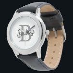 Reloj De Pulsera Moderno y elegante nombre de monograma guión gris<br><div class="desc">El moderno y elegante Monograma Denominado Black Gray Script Watch combina la elegancia atemporal y el estilo personalizado. Este sofisticado reloj presenta una clásica cara de reloj negro con un elegante guión gris que muestra su monograma y nombre personalizado. El diseño combina una estética elegante y sobria con la practicidad...</div>