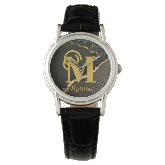 Reloj De Pulsera Moderno y elegante nombre de Monograma Negro y Oro (Anverso)