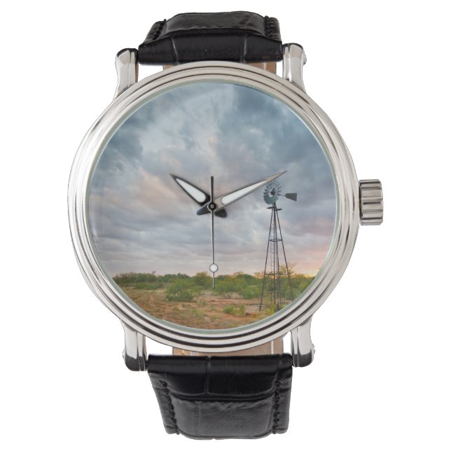 Reloj De Pulsera Molino De Viento Y Nubes Al Atardecer (Anverso)