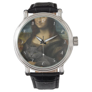 Reloj De Pulsera Mona Lisa sosteniendo un elegante gato gris