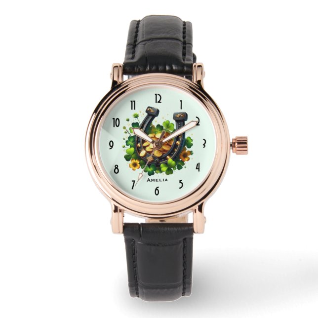 Reloj De Pulsera Monedas de oro de herradura y trébol afortunados (Anverso)