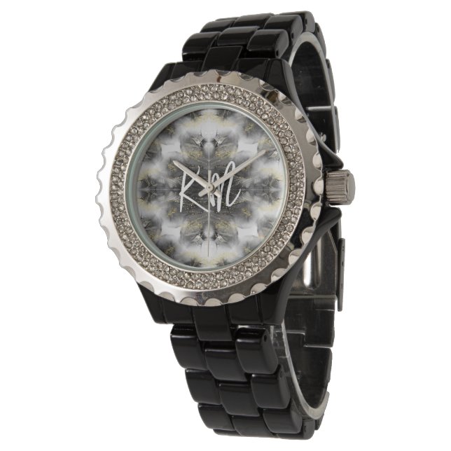 Reloj De Pulsera Monogram Black and Gold Pattern on White | (Angular)