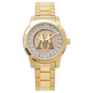 Reloj De Pulsera Monogram Letter M on Rose Gold Glitter Background