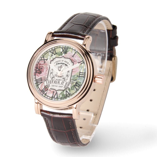 Reloj De Pulsera Monogram romantic pink and green botanical French (Ángulo)