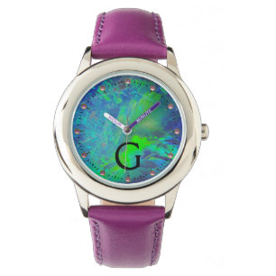 RELOJ DE PULSERA MONOGRAMA ABSTRACTO DE FOTO AZUL VERDE OPAL