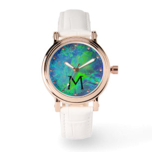 RELOJ DE PULSERA MONOGRAMA ABSTRACTO DE FOTO AZUL VERDE OPAL