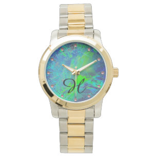 RELOJ DE PULSERA MONOGRAMA ABSTRACTO DE FOTO AZUL VERDE OPAL