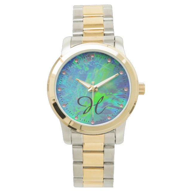 RELOJ DE PULSERA MONOGRAMA ABSTRACTO DE FOTO AZUL VERDE OPAL (Anverso)