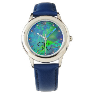 RELOJ DE PULSERA MONOGRAMA ABSTRACTO DE FOTO AZUL VERDE OPAL