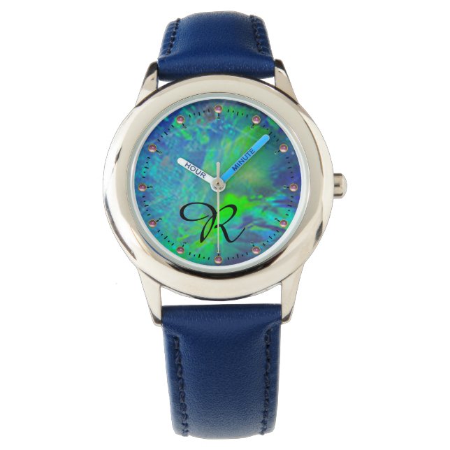 RELOJ DE PULSERA MONOGRAMA ABSTRACTO DE FOTO AZUL VERDE OPAL (Anverso)
