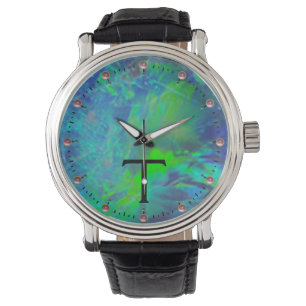 RELOJ DE PULSERA MONOGRAMA ABSTRACTO DE FOTO AZUL VERDE OPAL