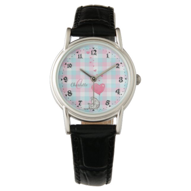 Reloj De Pulsera Monograma azul rosado de gato sudoroso (Anverso)