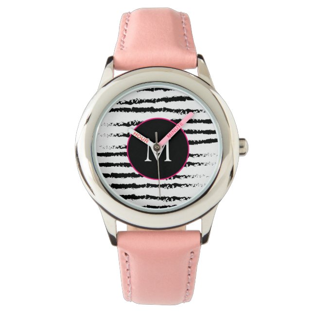 Reloj De Pulsera Monograma blanco rayado negro (Anverso)