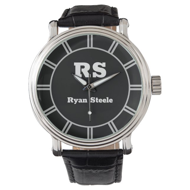 Reloj De Pulsera Monograma blanco y nombre negrita, líneas grises e (Anverso)
