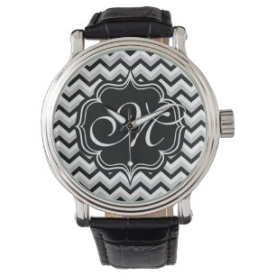 Reloj De Pulsera Monograma Chevron moderno ZigZag negro y blanco