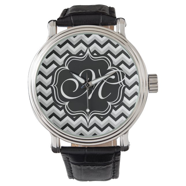 Reloj De Pulsera Monograma Chevron moderno ZigZag negro y blanco (Anverso)