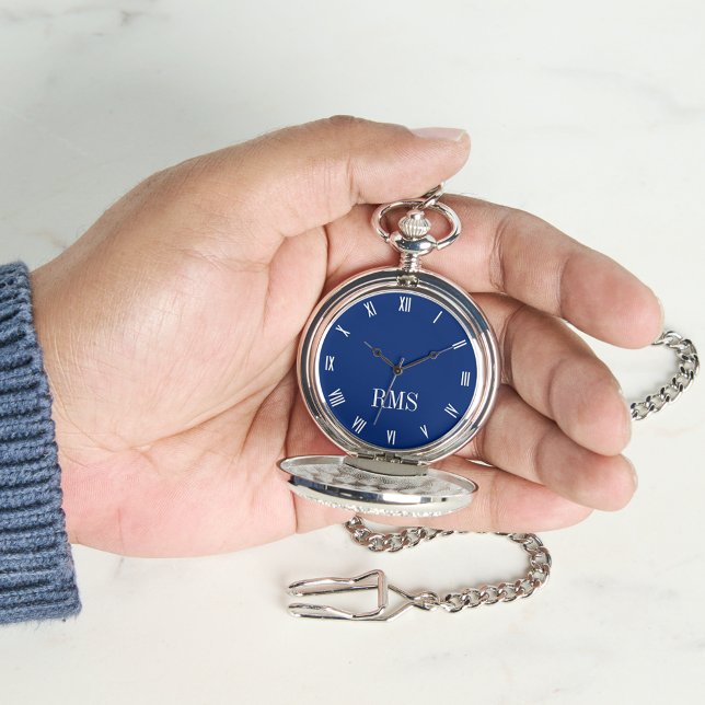 Reloj De Pulsera Monograma clásico de plata azul marino (Classic Timepiece Navy Blue Silver Monogram Pocket Watch)