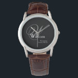 Reloj De Pulsera Monograma Clásico Gris, Blanco sobre Negro para Pa<br><div class="desc">¿Buscas un regalo atemporal y sofisticado para tus padrinos? No busques más que este impresionante reloj personalizado, completo con un monograma y nombre. Es la forma perfecta de mostrar tu aprecio y hacer que tu día de boda sea aún más especial. Una elección atemporal para los hombres en tu boda,...</div>