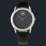 Reloj De Pulsera Monograma clásico mínimo de blanco negro<br><div class="desc">Monograma moderno Minimalista Monograma negro y blanco Emblema negro y blanco Clásico Tipografía de bloques Monograma Sólido Fondo negro</div>
