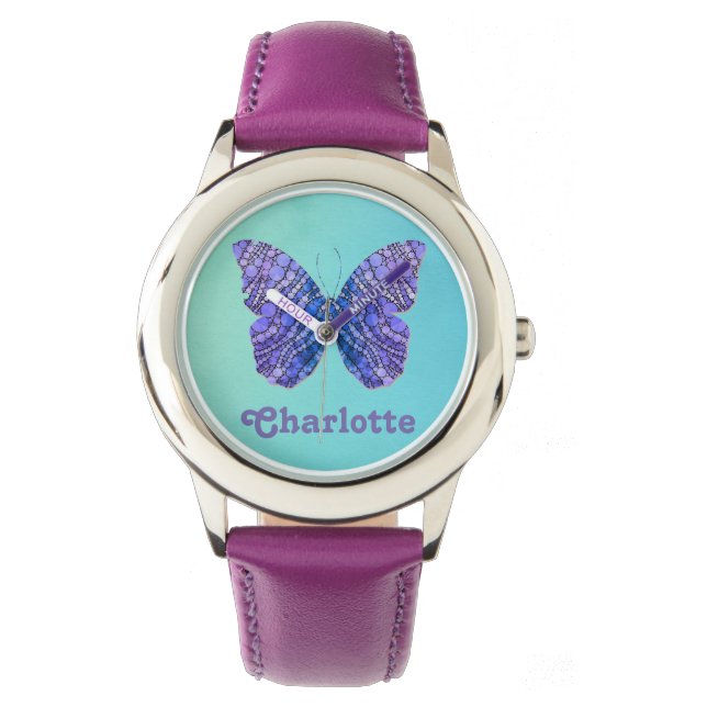 Reloj De Pulsera Monograma con nombre de mariposa azul y púrpura (Anverso)