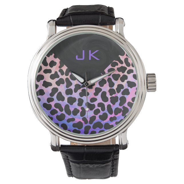 Reloj De Pulsera Monograma dálmata negro y rosa (Anverso)