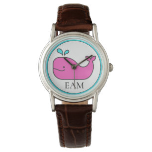 Reloj De Pulsera Monograma de ballena rosa y Aqua Nautical Preppy