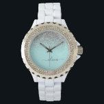 Reloj De Pulsera Monograma de brillo azul acuatico plateado<br><div class="desc">Reloj con monograma de nombre en guión con brillo azul acuatico y plateado. Esto hace el regalo perfecto para graduación,  cumpleaños,  boda,  despedida de soltera,  aniversario,  baby shower o fiesta de soltera para alguien que ama el lujo y los estilos chic y glamorosos.</div>