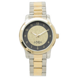 Reloj De Pulsera Monograma de brocado negro dorado