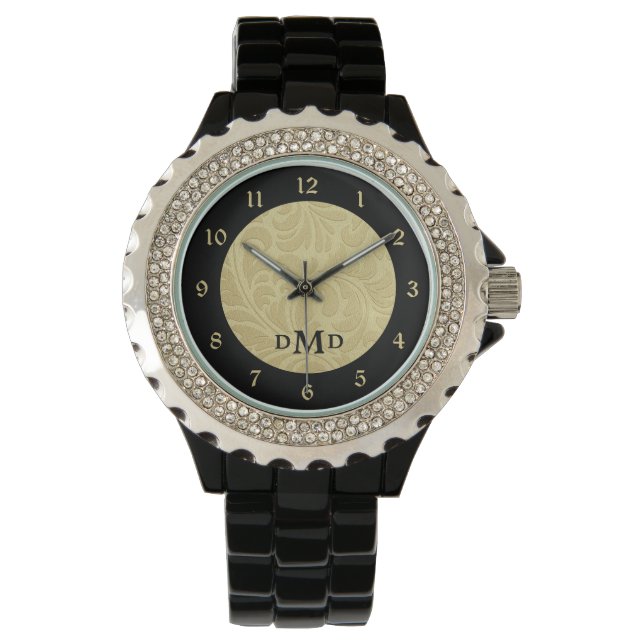 Reloj De Pulsera Monograma de brocado negro dorado (Anverso)