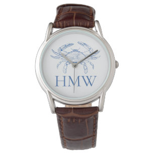 Reloj De Pulsera Monograma de Cangrejo Azul y Blanco Costero