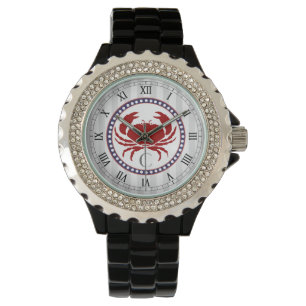 Reloj De Pulsera Monograma de cangrejo rojo y franjas grises