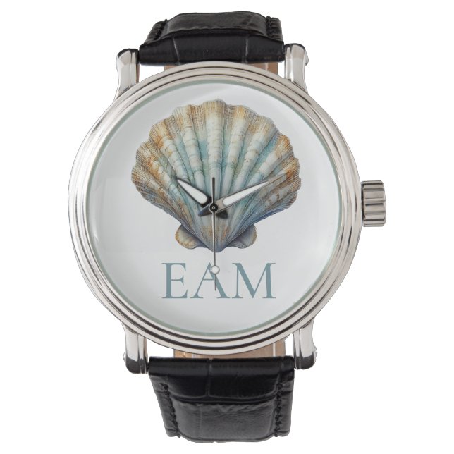 Reloj De Pulsera Monograma de concha de vieira azul costera (Anverso)