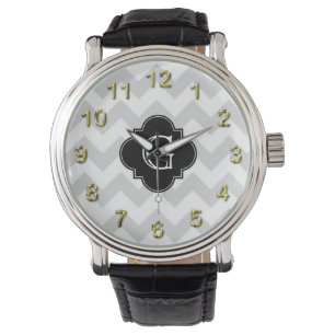 Reloj De Pulsera Monograma de Cuatrefolios Negros de Chevron Blanco
