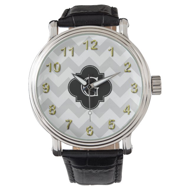 Reloj De Pulsera Monograma de Cuatrefolios Negros de Chevron Blanco (Anverso)