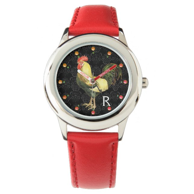 Reloj De Pulsera Monograma de Damasco Blanco Negro ROOSTER (Anverso)