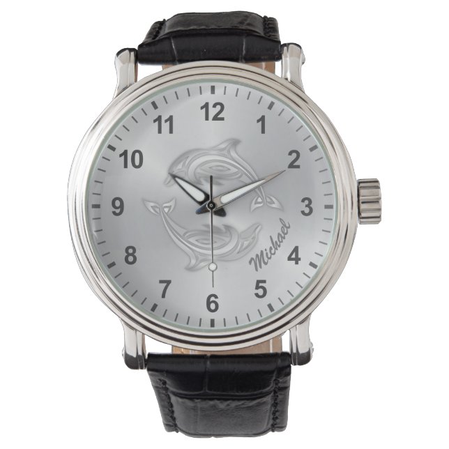 Reloj De Pulsera Monograma de delfines plateados Costa (Anverso)
