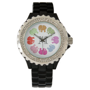 Reloj De Pulsera Monograma de elefantes alegres y de moda