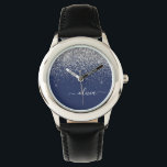 Reloj De Pulsera Monograma de esparkle Purpurina azul de la marina<br><div class="desc">Reloj de nombres de monograma de Purpurina de la aguja azul y plateado de la aguja. Esto hace que el dulce perfecto cumpleaños 16,  boda,  ducha de novia,  aniversario,  ducha de bebé o fiesta de soltera sea regalo para alguien que ama el lujo glam y los estilos de moda.</div>
