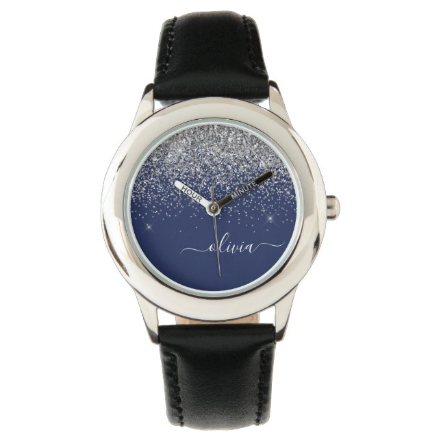 Reloj De Pulsera Monograma de esparkle Purpurina azul de la marina  (Anverso)