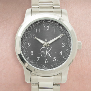 Reloj De Pulsera Monograma de espuma de Purpurina negro personaliza