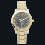 Reloj De Pulsera Monograma de espuma negra Purpurina de oro persona<br><div class="desc">Personalice fácilmente este elegante diseño de relojes de moda con un purpurina brillante de bonito dorado sobre un fondo metálico negro cepillado.</div>