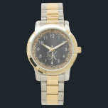 Reloj De Pulsera Monograma de espuma negra Purpurina de oro persona<br><div class="desc">Personalice fácilmente este elegante diseño de relojes de moda con un purpurina brillante de bonito dorado sobre un fondo metálico negro cepillado.</div>